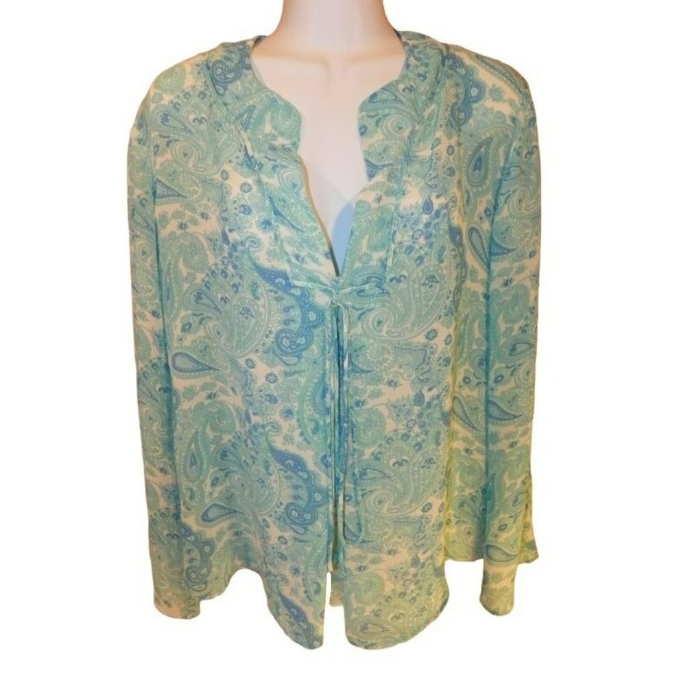 New York & Company Blue Paisley Shirt Medium Semi Sheer Long Sleeve Career